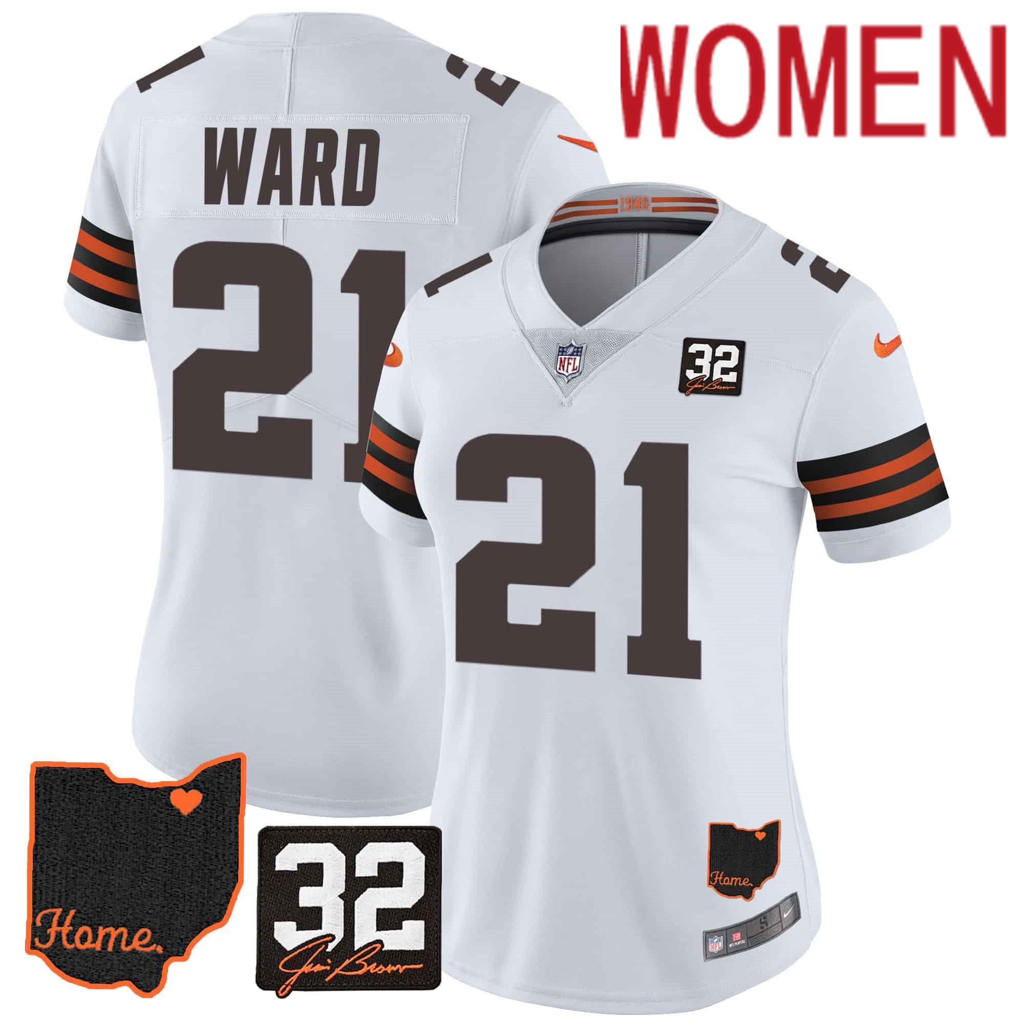 Women Cleveland Browns #21 Ward White Memorial Home Patch 2024 Nike NFL Jersey